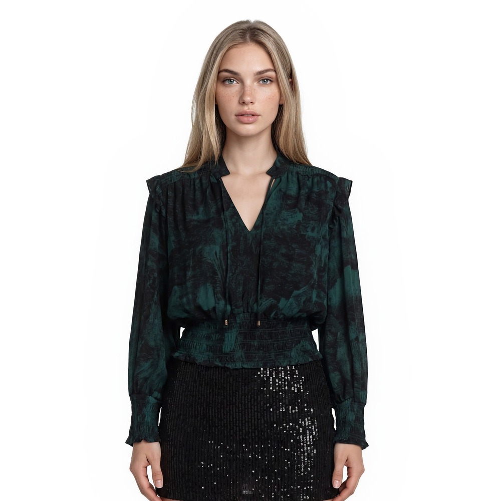 Elan Blouse Women's Size Large Green Black Abstract Smocked Waist Balloon Sleeve